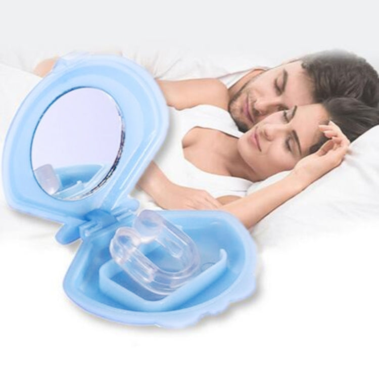 Anti-snore nose clip device with clear nasal insert, light blue hinged case