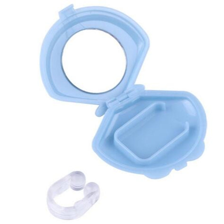 Light blue anti-snore nose clip with open case and small clear nose piece