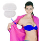 Underarm sweat pad with curved adhesive backing, white, shown being attached to clothing
