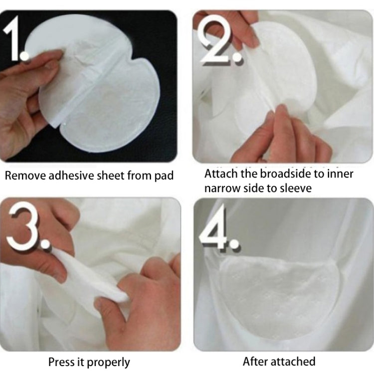 Underarm sweat pad application steps: remove backing and press to attach