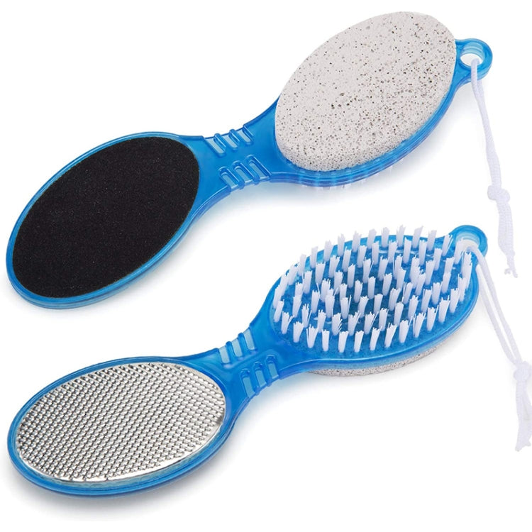 Blue four-step pedicure paddle with gray pumice stone, black stone, and silver grater