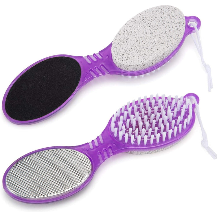 Purple four-step pedicure paddle with light gray pumice, black stone, and silver grater