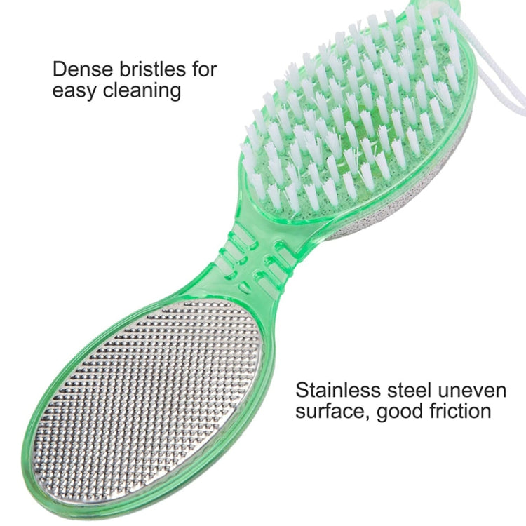 Green foot pedicure paddle with bristle cleaning brush and stainless-steel grater surface