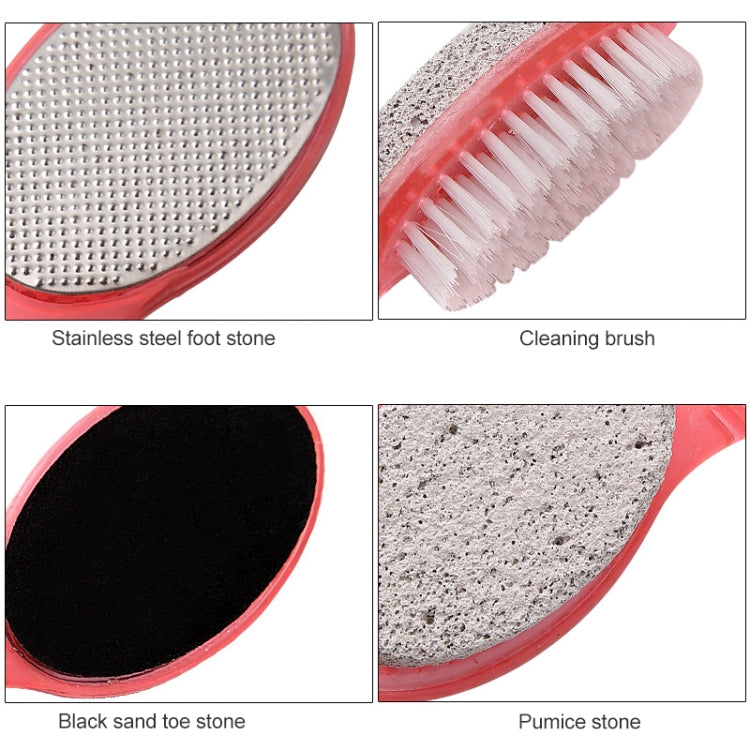 Four-step foot paddle showing stainless-steel stone, cleaning brush, black sand stone, pumice