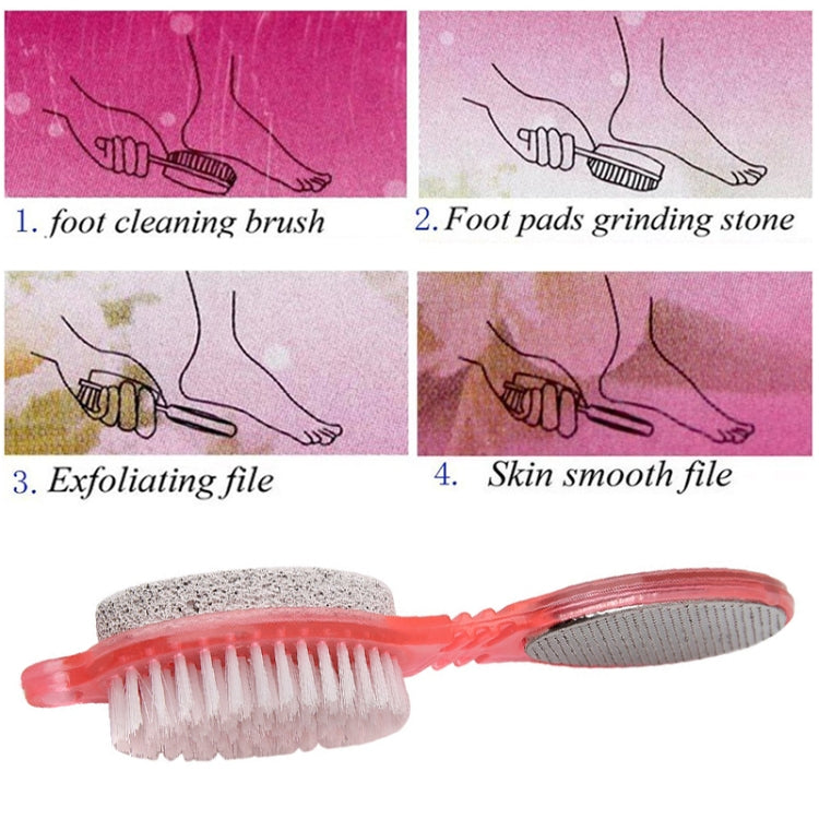 Red foot pedicure paddle with pumice pad and white cleaning-bristle brush head
