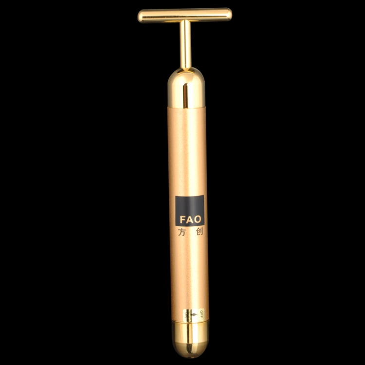 Gold electric face massager stick with T-shaped bar head, front view.