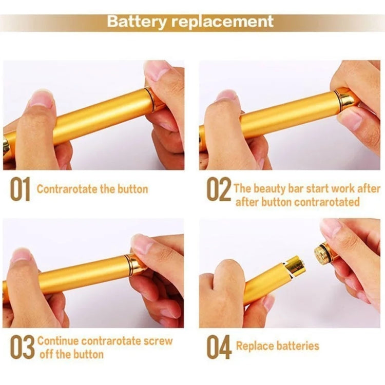 Gold battery-replacement face massage stick with twist-off cap and button