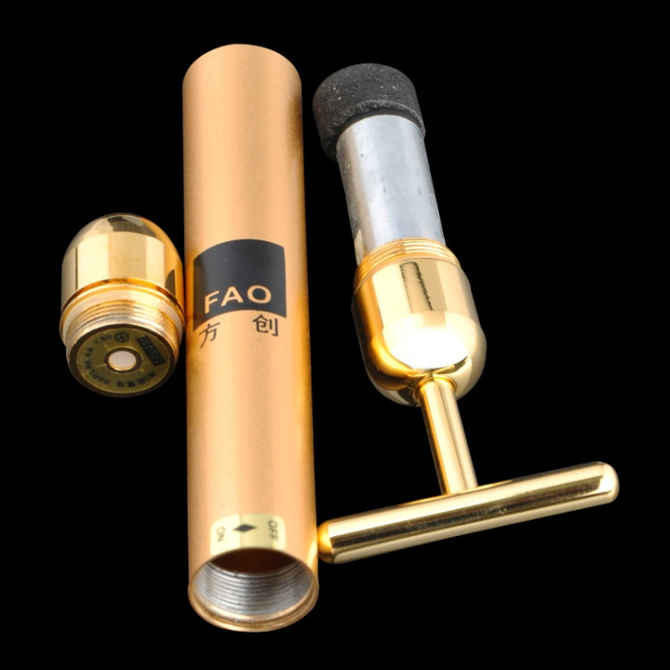 Gold electric face massager stick with interchangeable roller head and T-bar handle.