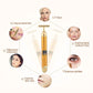 Gold electric face massager stick centered with T-bar head and facial effect icons.