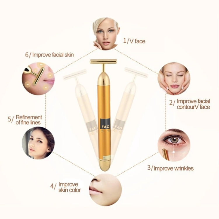 Gold electric face massager stick centered with T-bar head and facial effect icons.