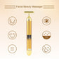 Gold facial beauty massager stick with T-bar head surrounded by eye and skin icons.