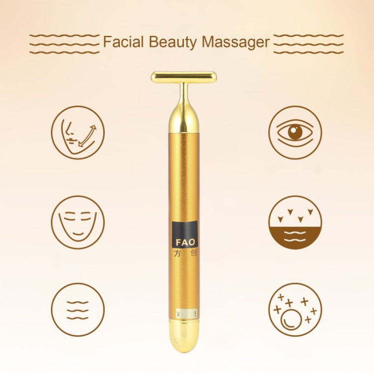 Gold facial beauty massager stick with T-bar head surrounded by eye and skin icons.