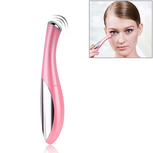 Pink eye massage pen with silver-toned tip, contoured body for under-eye application