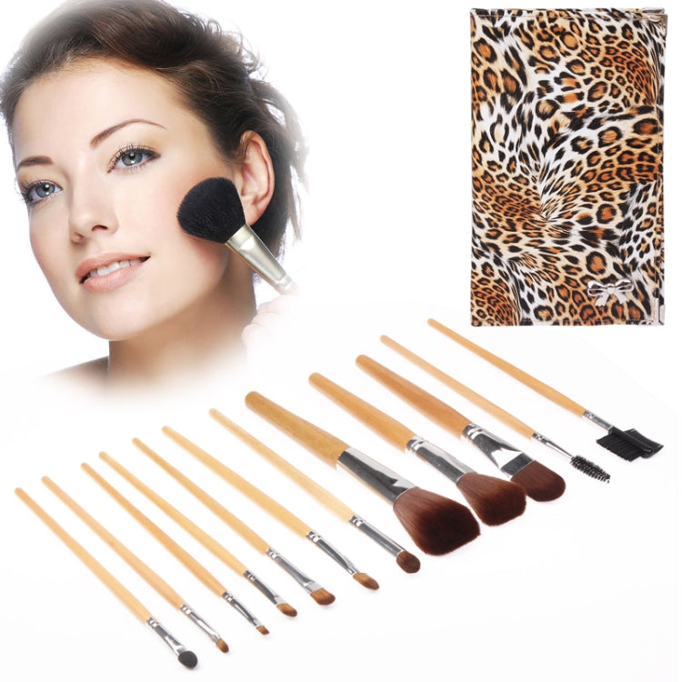 Leopard-pattern cosmetic brush set: 12 brushes in a foldable case, angled brush heads