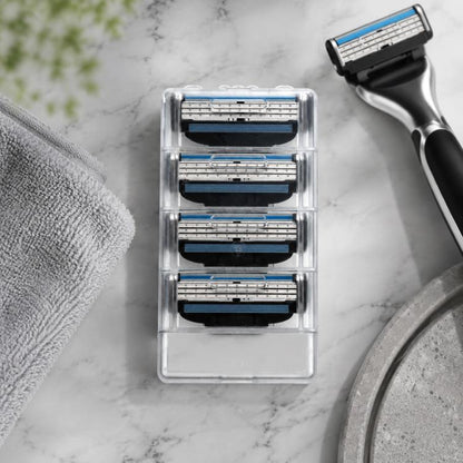 4-pack shaving razor blade refills in clear plastic case, black and blue holders