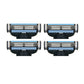Four replacement razor heads with blue stripes and black cartridges, front view