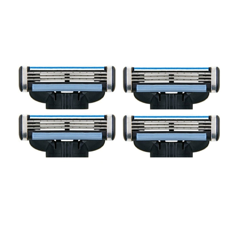 Four replacement razor heads with blue stripes and black cartridges, front view