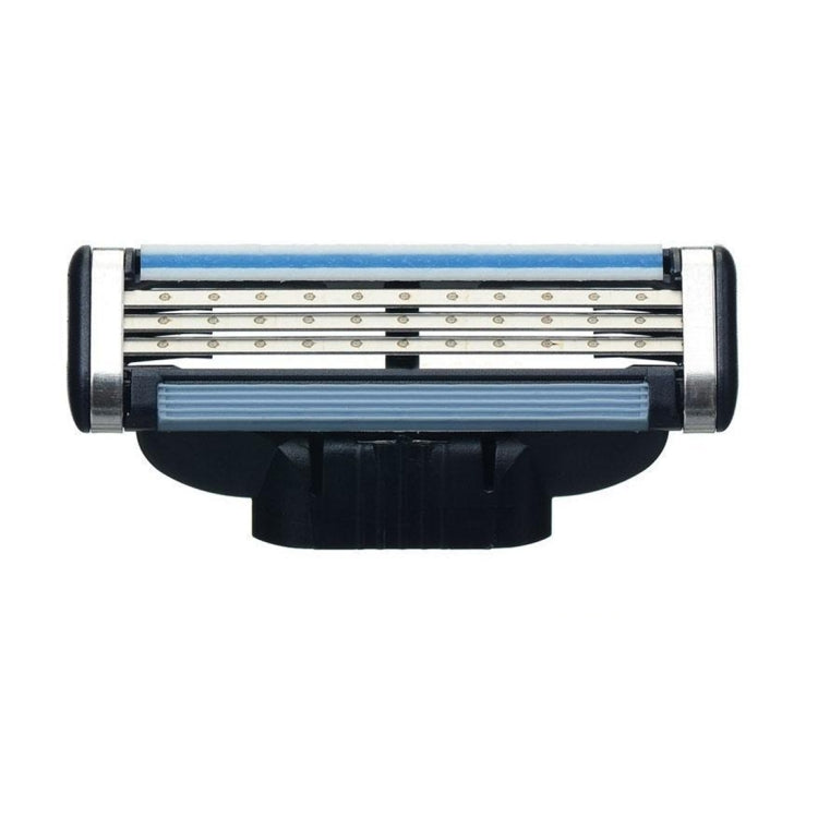 Single razor head with multiple blades, blue guard and black cartridge housing