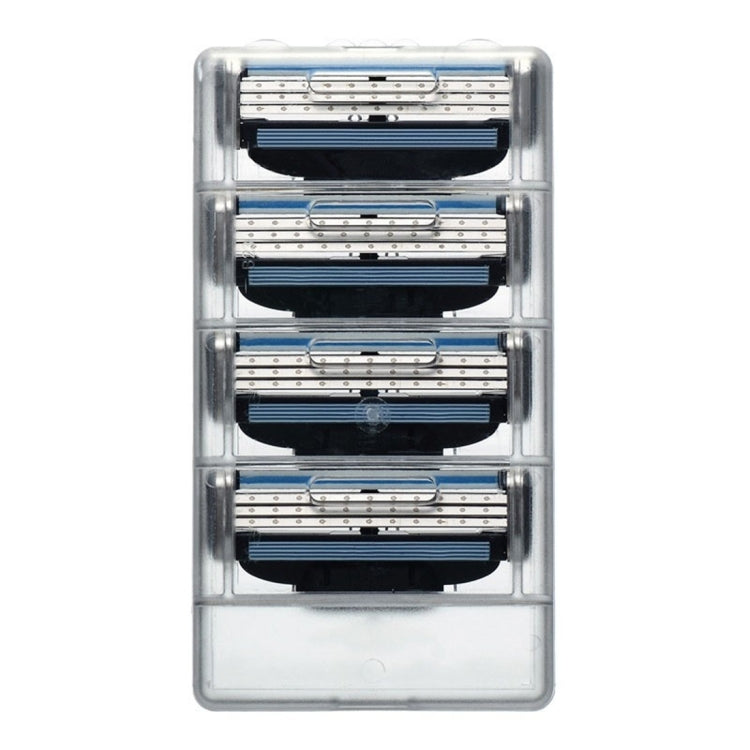 Shaving razor blade refill cartridges in clear case, four stacked blade units