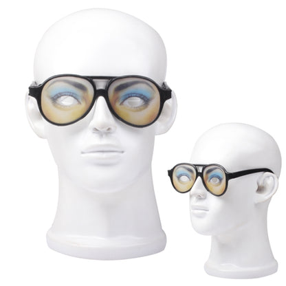 Plastic novelty joke glasses, black frame with printed eye lenses on mannequin head