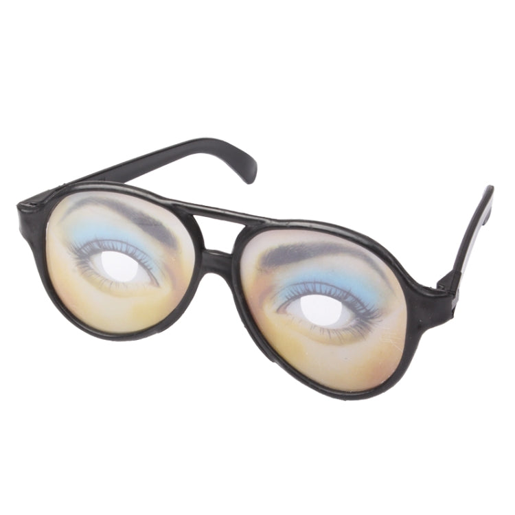 Plastic novelty joke glasses with black frame and printed eyes, close-up front view