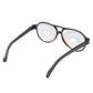 Plastic novelty joke glasses with black frame, printed eye lenses, close-up angled view