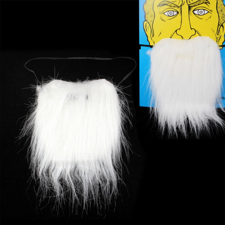 White fluffy faux beard and mustache with elastic strap, front view