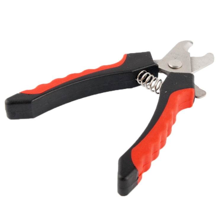 Pet nail clipper with curved silver blades and red rubber grip
