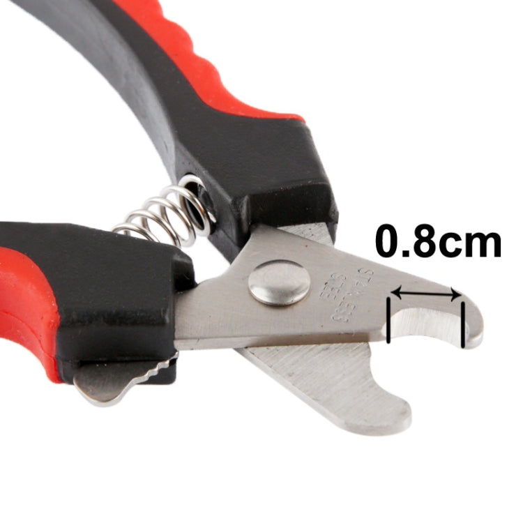 Pet nail clipper showing 0.8cm blade opening and red rubber grip