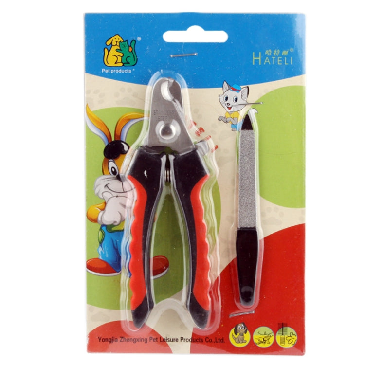 Pet nail clipper and file set in blister pack with attached nail file