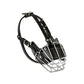 Dog protective wire basket muzzle with black leather head straps and metal cage