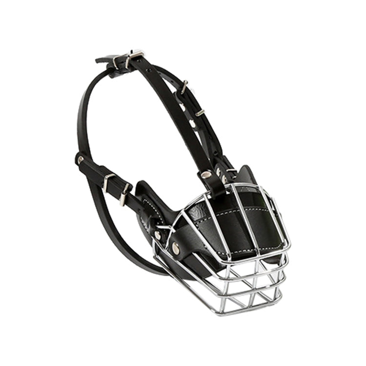 Dog protective wire basket muzzle with black leather head straps and metal cage
