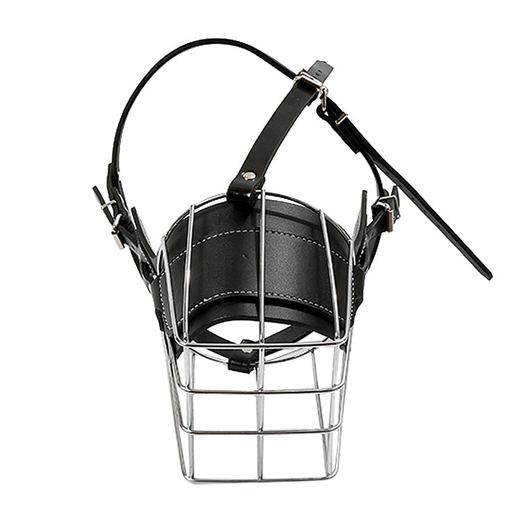 Black leather and steel wire dog muzzle basket with adjustable head and neck straps