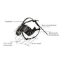 Wire basket dog muzzle with black leather padding and straps, labeled size layout