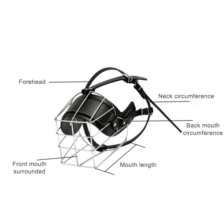 Wire basket dog muzzle with black leather padding and straps, labeled size layout