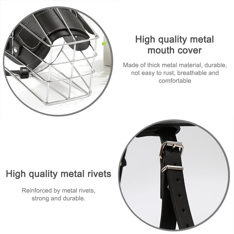 Steel wire dog mouth cover muzzle with black leather lining and metal rivets detail