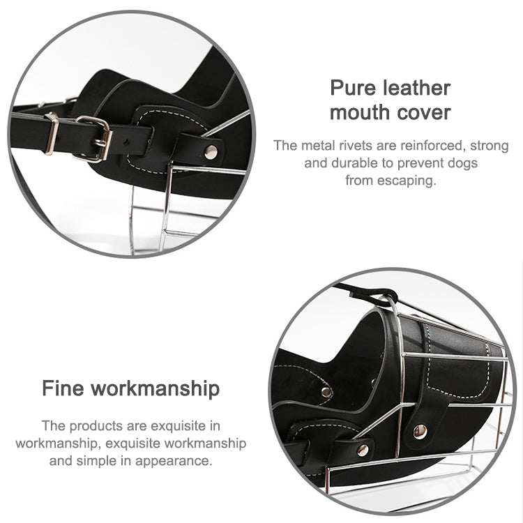 Black leather dog muzzle straps with reinforced rivets and steel wire basket cage