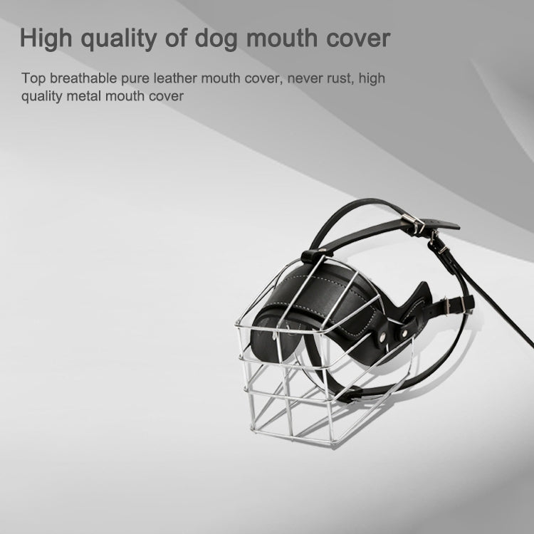 Dog mouth cover muzzle with steel wire basket and black leather straps, compact fit