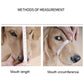 Dog fit measuring guide showing mouth length and mouth circumference on a tan dog