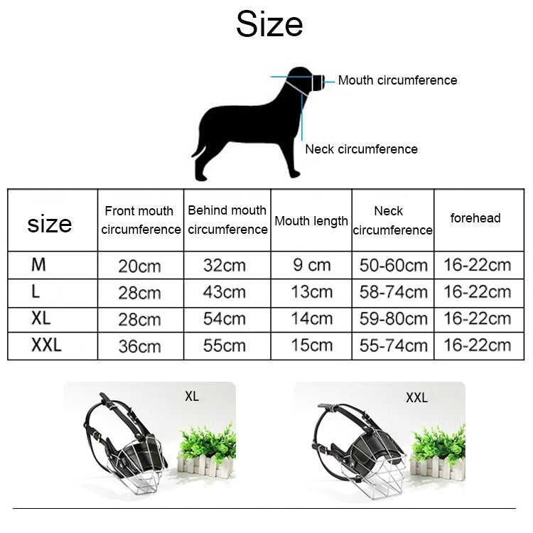Muzzle size chart with dog silhouette for neck circumference and mouth measurements