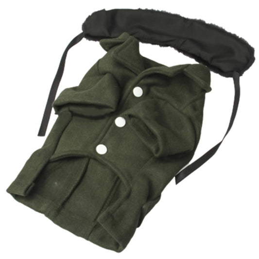 Deep green dog coat with black faux-fur collar, front buttons and hanging straps