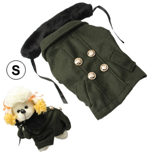 Deep green dog coat with black faux-fur collar and gold buttons