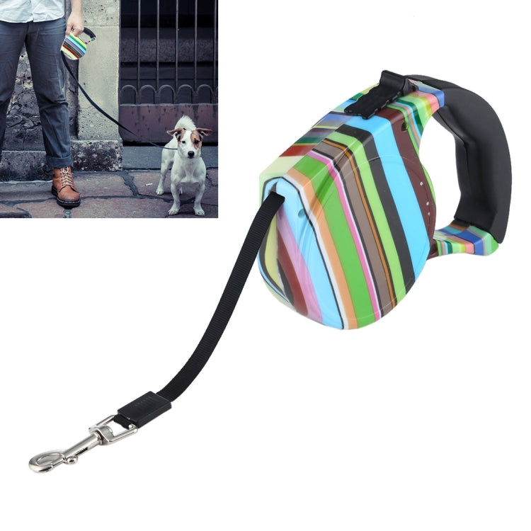 Retractable dog leash with black handle and multicolor striped fabric pouch