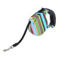 Retractable dog leash with long black strap and multicolor striped fabric pouch