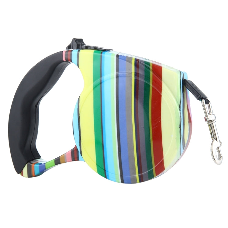 Retractable dog leash with multicolor striped fabric pouch and metal carabiner