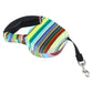 Retractable dog leash with multicolor striped sling pouch and metal clip
