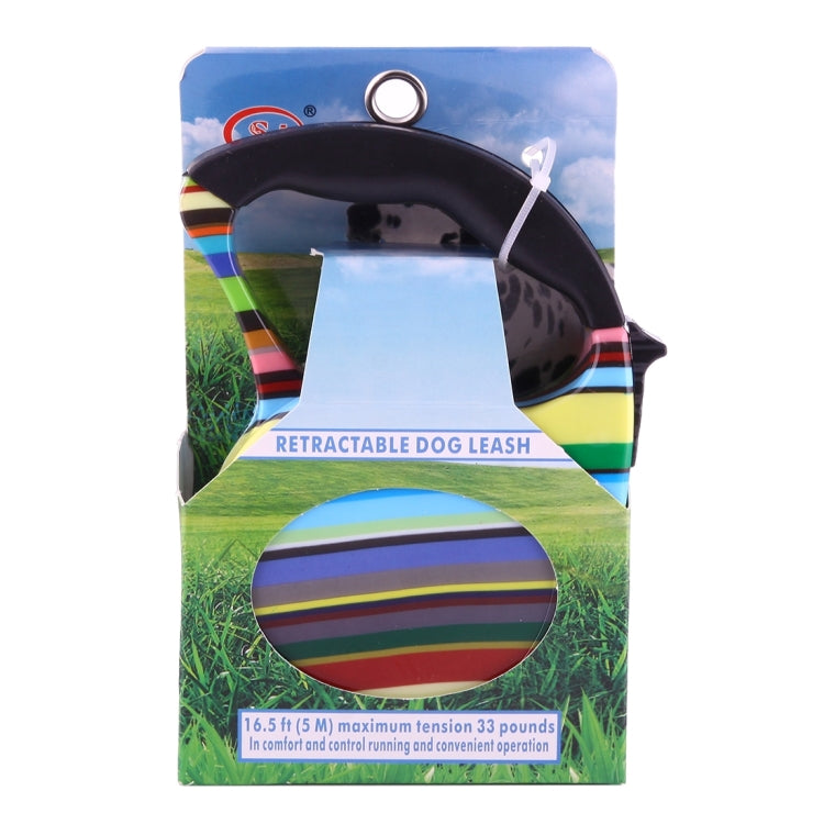 Retail package for retractable dog leash featuring multicolor striped design circle
