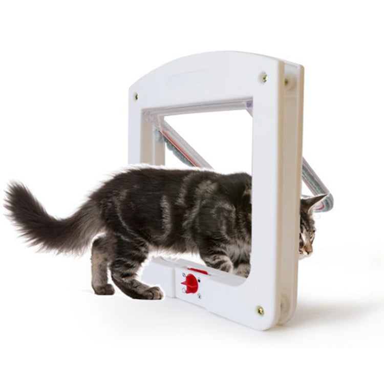 White pet door with transparent flap, cat entering from outside