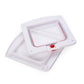 White pet door with clear flap window and red lock knob, front view