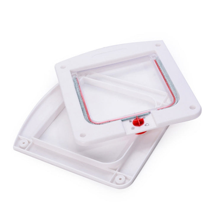White pet door with clear flap window and red lock knob, front view